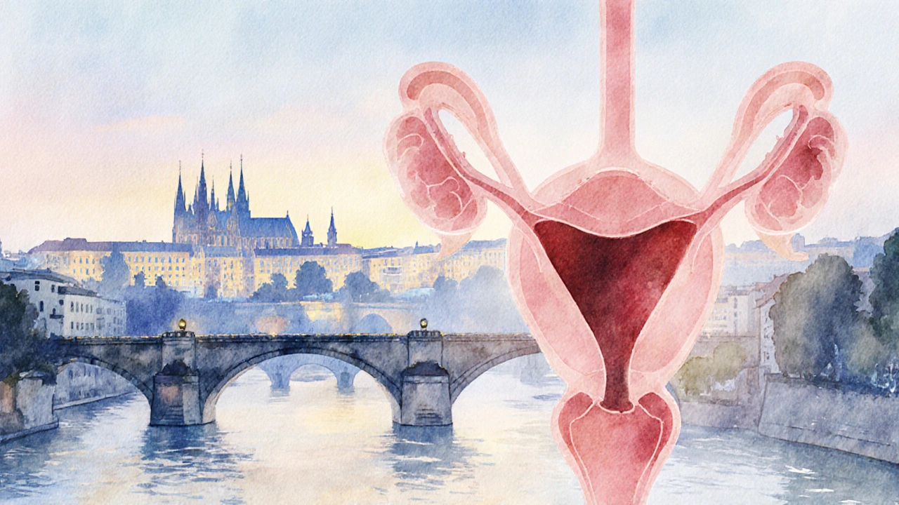Abstraktní ilustrace prostaty jako zářící červený motiv nad pražským panoramatem.