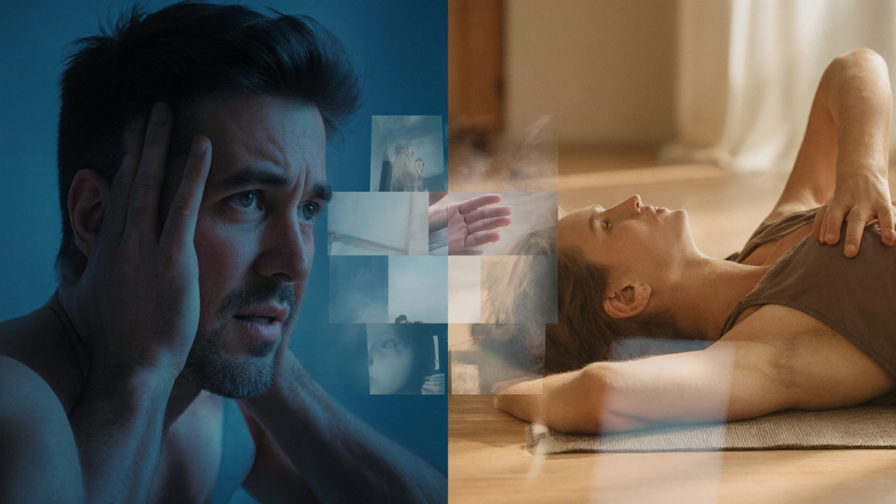 Dva stavy jedné osoby: panika vs. klid, symbolizující psychickou transformaci.