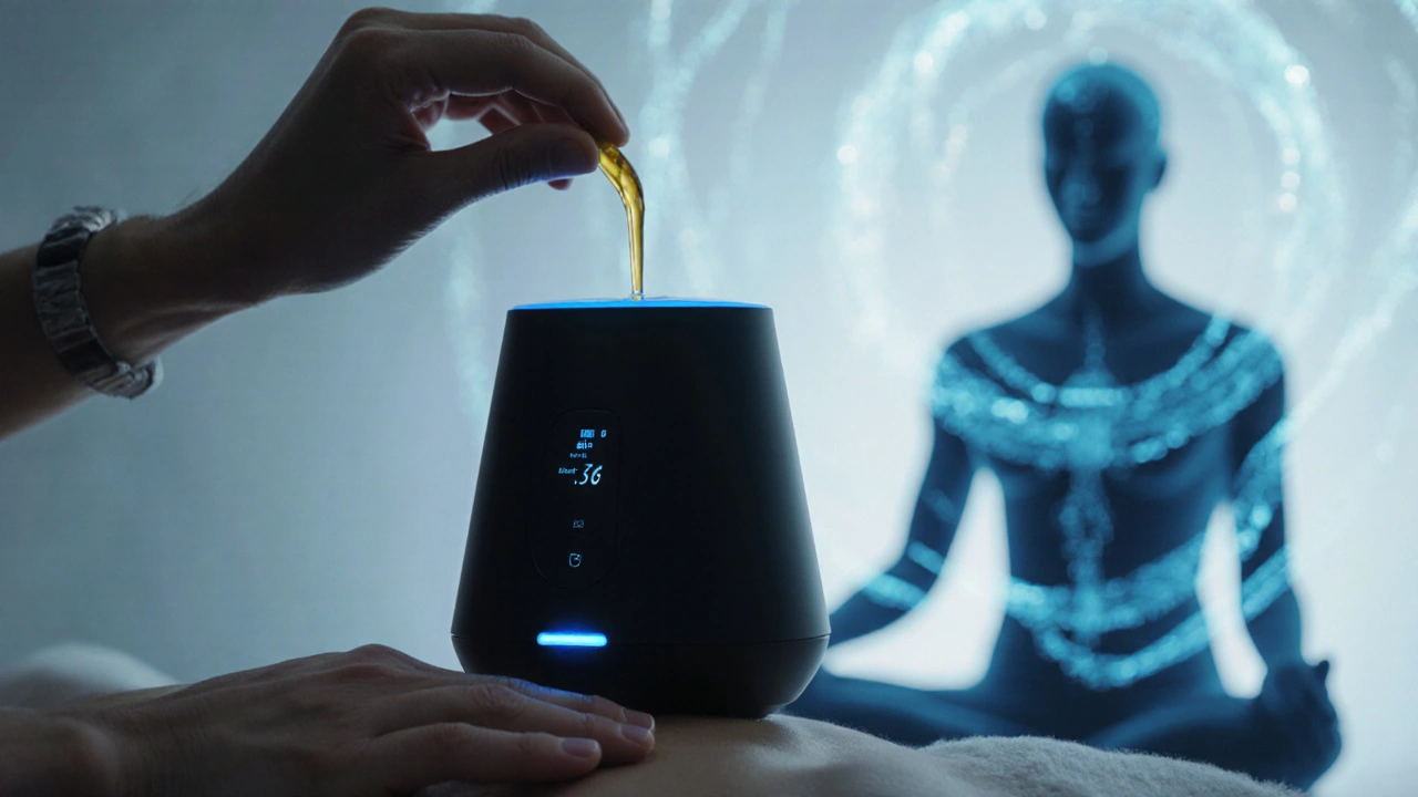 Moderní masáž s chytrým ohřívačem oleje na 36 °C, teplý olej proudí, energetické paprsky a náznak chladného oleje.