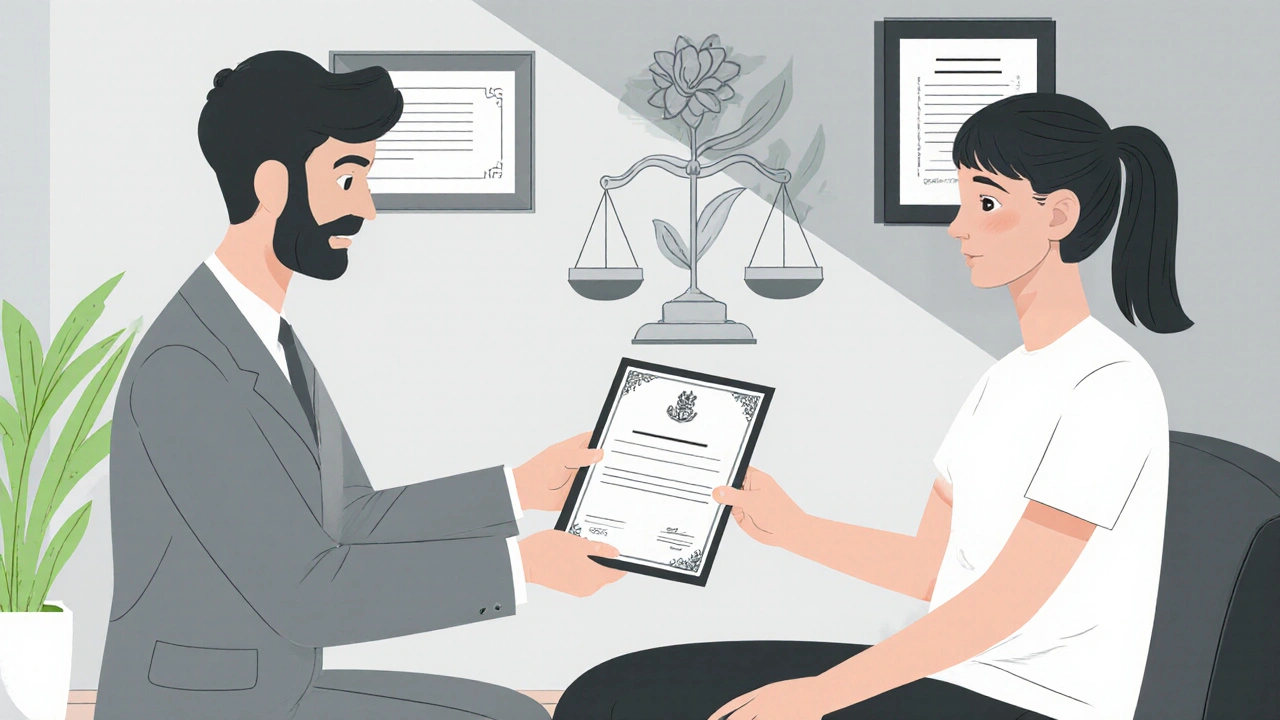 Moderní terapeut předává certifikát klientovi, symbolizuje legitimitu a růst trhu.