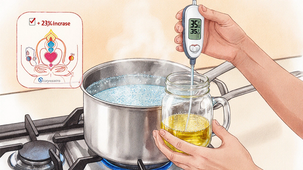 Příprava teplého oleje: skleněná nádobka ve vodní lázni, digitální teploměr ukazující 35 °C a vizuál proudící krve.