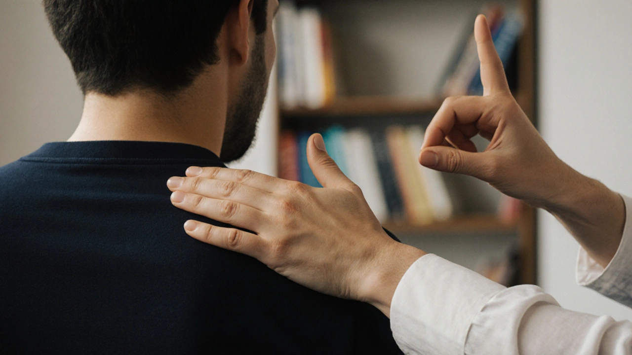 Ruka maséru se nedotýká, ruka klienta signalizuje 'stop'—bezpečná hranice.