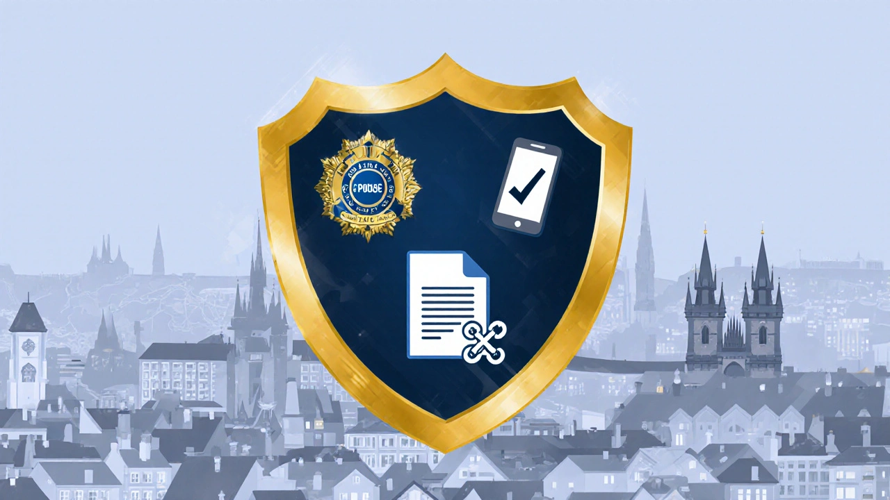 Štít nad mapou Prahy s ikonami policie, telefonu a rozbitého řetězu proti podvodu.