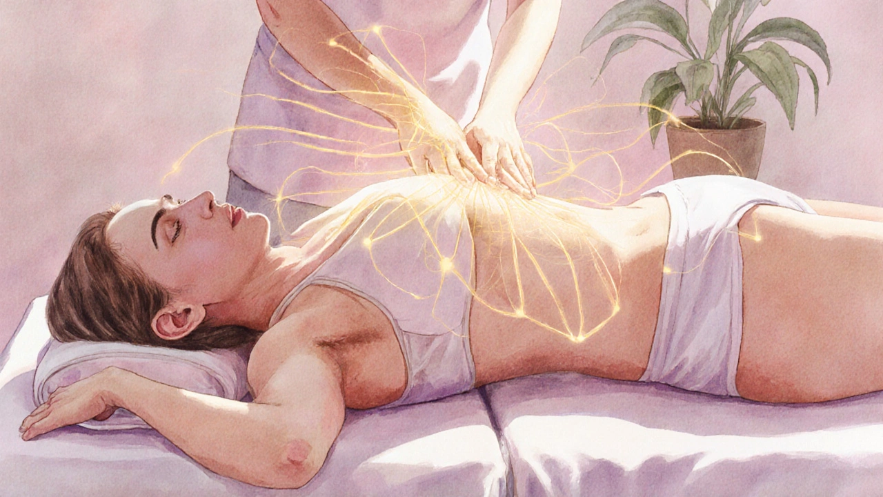 Terapeut provádí energickou lingam/yoni masáž, zobrazena jako jemné světelné proudy.