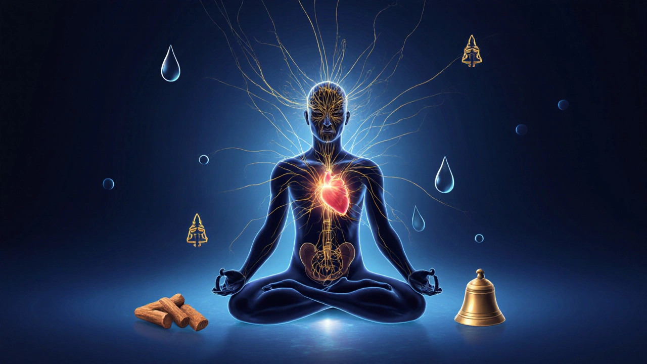 Abstraktní znázornění energetických toků tělem jako zlatých nití spojujících hlavu, srdce a břicho, sedící postava v meditaci.