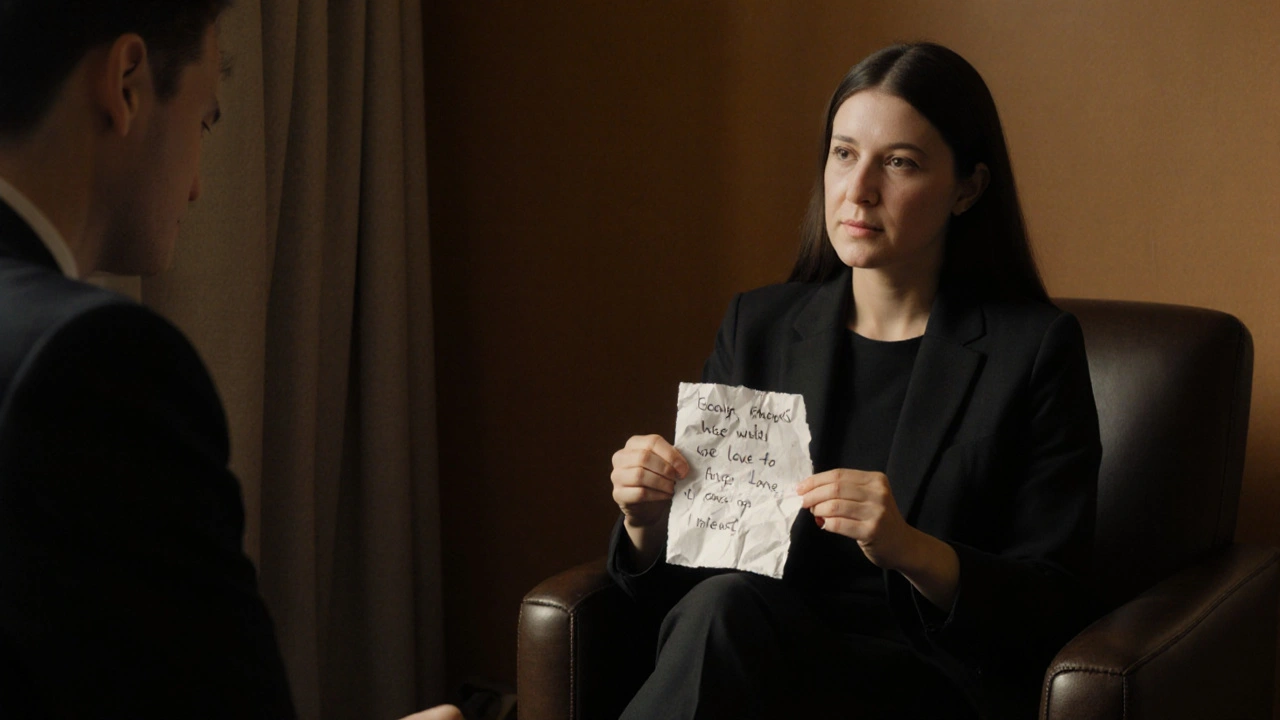 Dva lidé sedí proti sobě, terapeut naslouchá, klient drží papír s třemi slovy, plný důvěry.