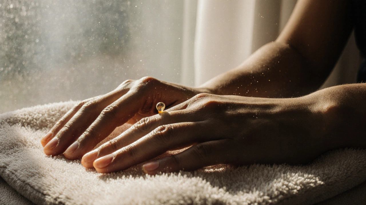 Dvě ruce na plátně po masáži, sluneční světlo a kapička oleje.