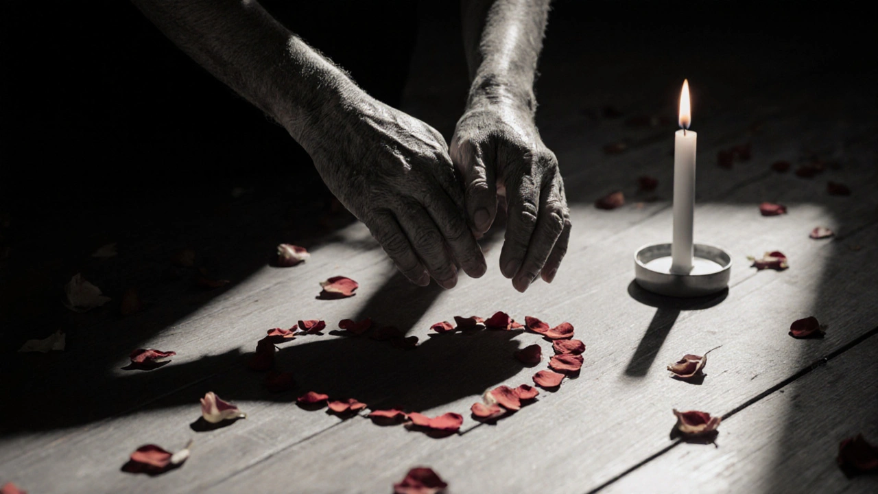 Dvě ruce se dotýkají nad srdcem ve stínu, symbolizující bezslovnou blízkost.