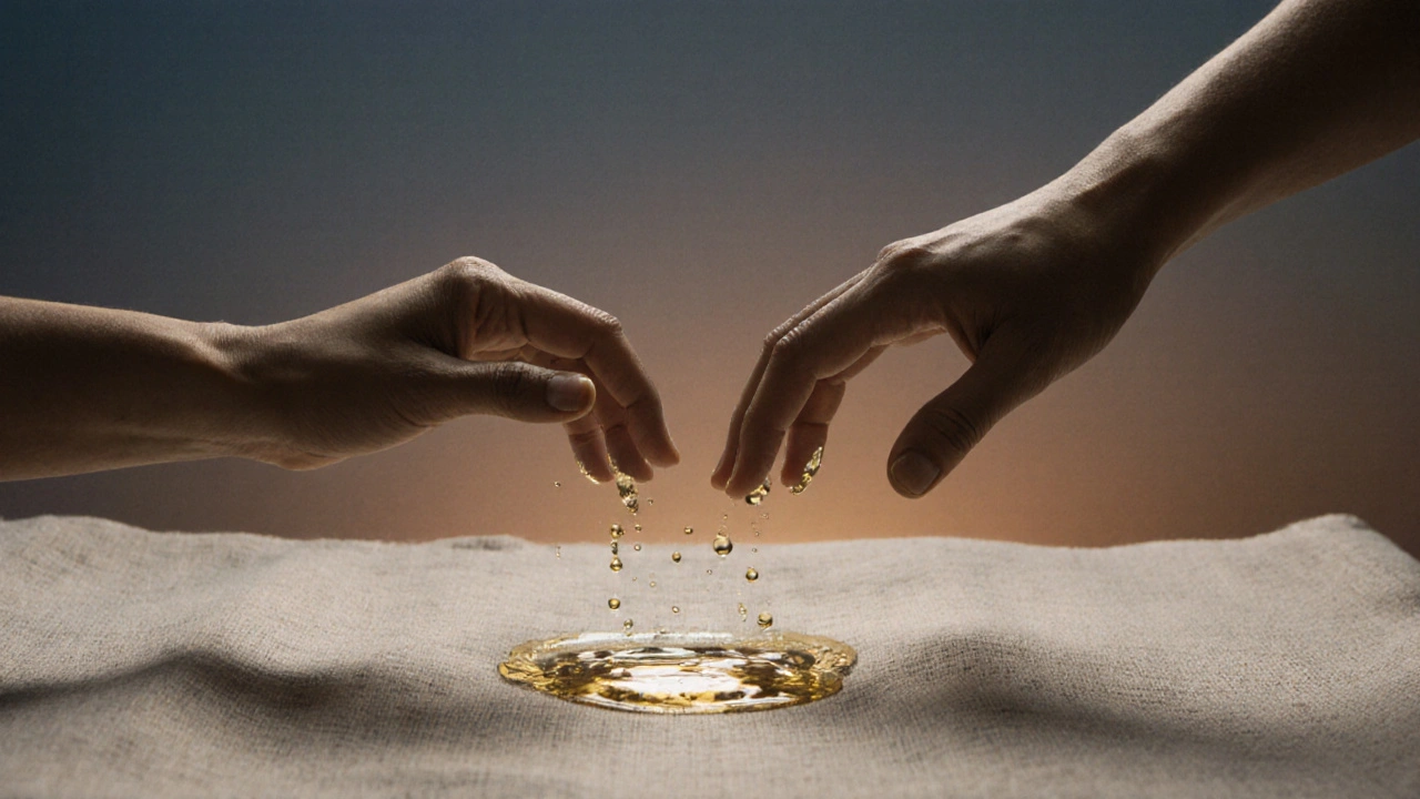 Dvě ruce se téměř dotýkají nad lněným plátnem, symbolizující důvěru a neřečenou spojenost.