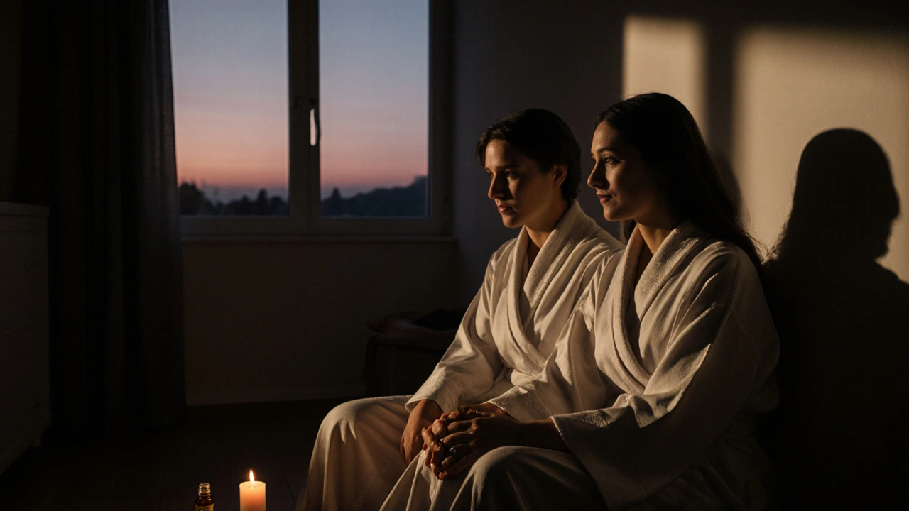 Dvojice se drží za ruce po masáži, svíčka mezi nimi, tváře plné klidné zranitelnosti.