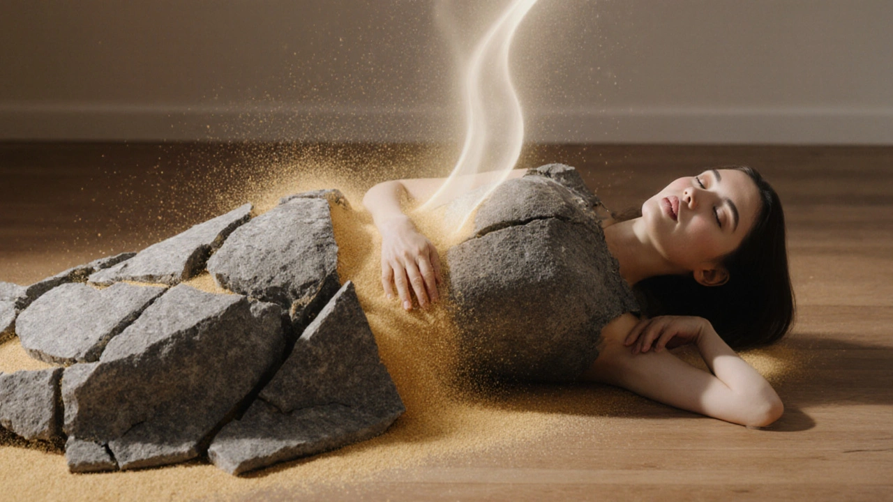 Kamenný pancíř kolem pánve se pomalu rozpadá na zlatý prach, zatímco žena klidně leží.