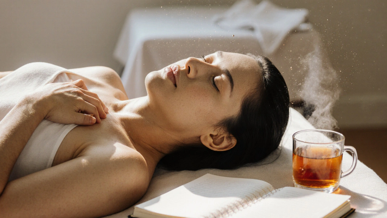 Klient po masáži v klidu, s otevřeným sešitem a čajem, v klidném ranním světle.