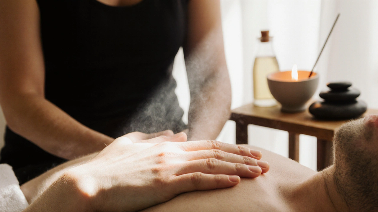 Klientova ruka na prsou během masáže, zdůrazňující hluboký dech a vnitřní klid.