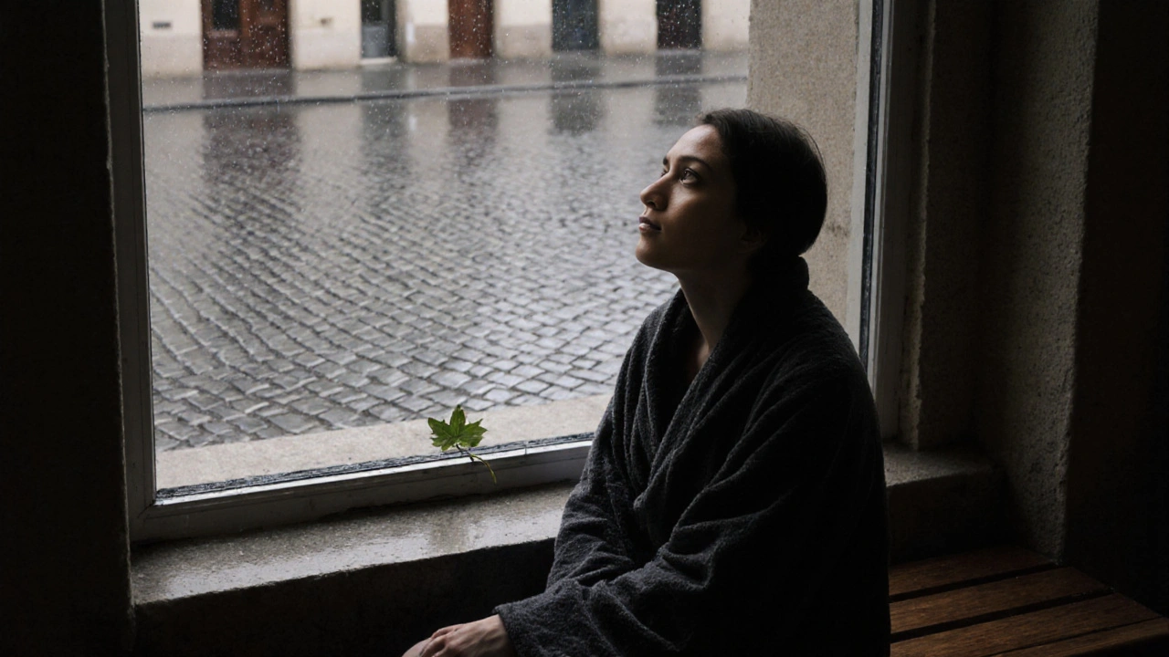 Osoba sedí u okna po masáži, zabalena do plátna, dechuje klidně.