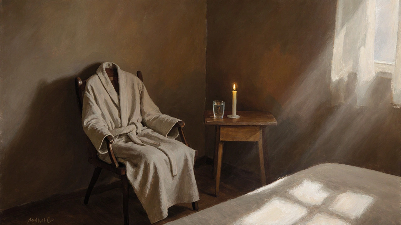 Prázdná masérkářská místnost po sezení, jen klid a stín svíčky na stole.