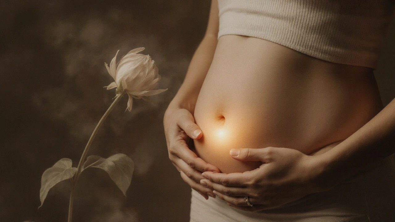 Ruce jemně dotýkají břicha, z podpůry vychází jemné záře, symbolizující uvolnění.