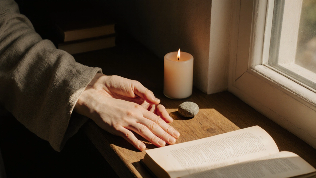 Ruka jemně dotýká předloktí v ranním světle, vedle jsou kámen, svíčka a otevřená kniha.