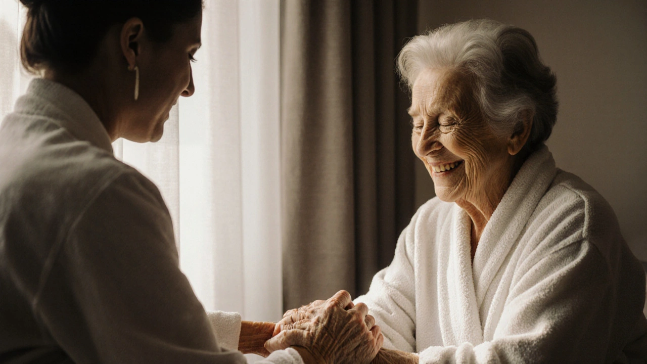 Starší žena se usmívá, když jí masér jemně massíruje paži v teplém, klidném prostředí.