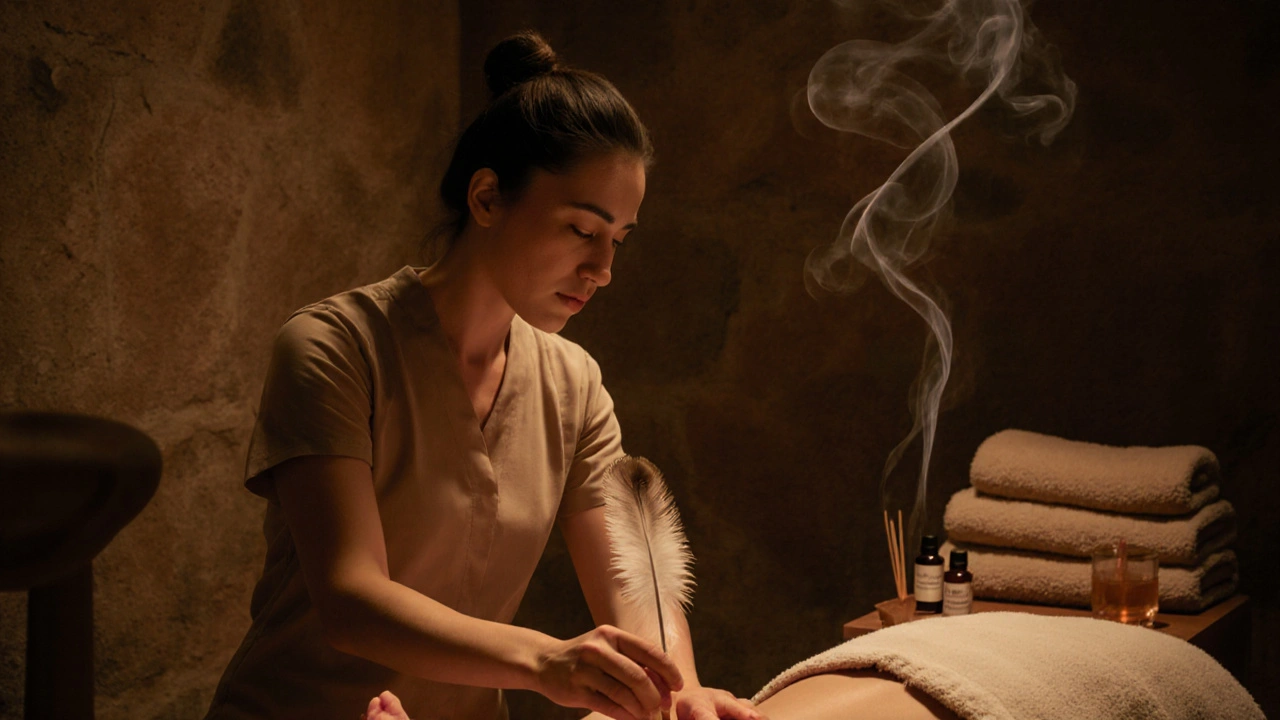 Tantrická masáž: oblečený masér používá peří k jemnému doteku nohy klienta.