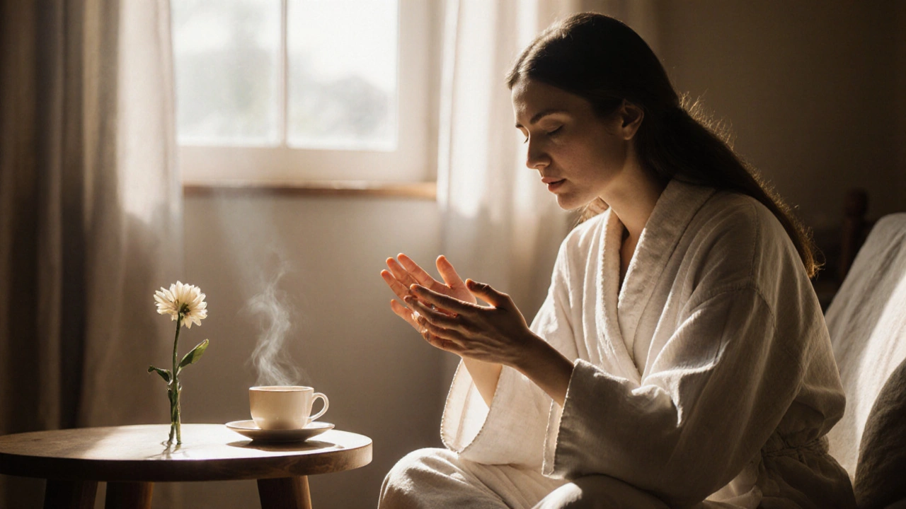 Žena po sezení s pláštěm, dívá se na ruce s pocitem přijetí a klidu.