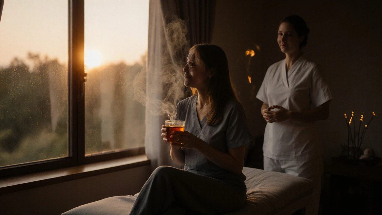 Žena sedí po masáži, drží čaj a dívá se do záře večerního světla.