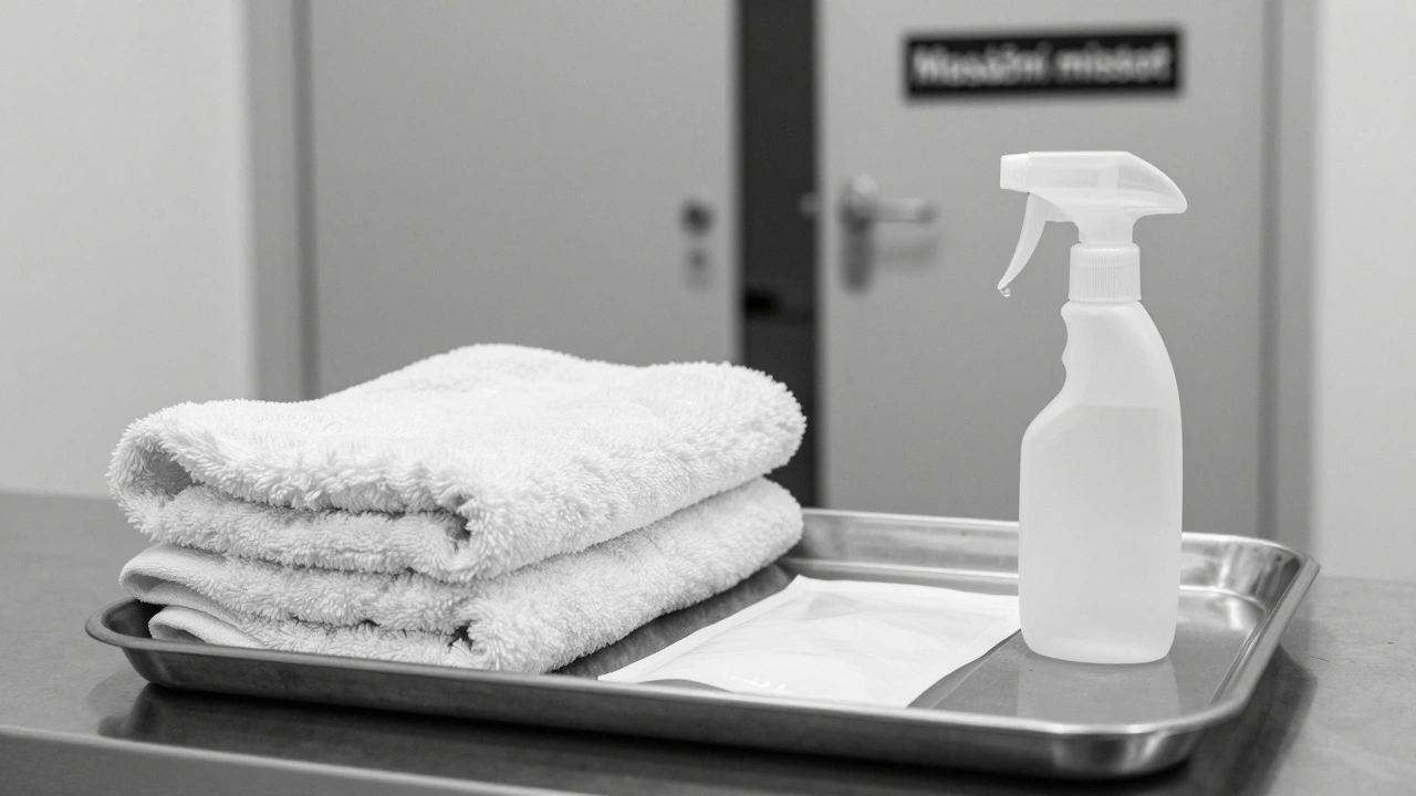 Čisté, jednorázové prostěradlo, ručníky a dezinfekční sprej na kovovém trayu — znak hygieny.