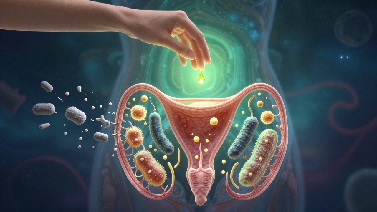 Koncepční obrázek přirozeného mikrobiomu v porovnání s syntetickými látkami.