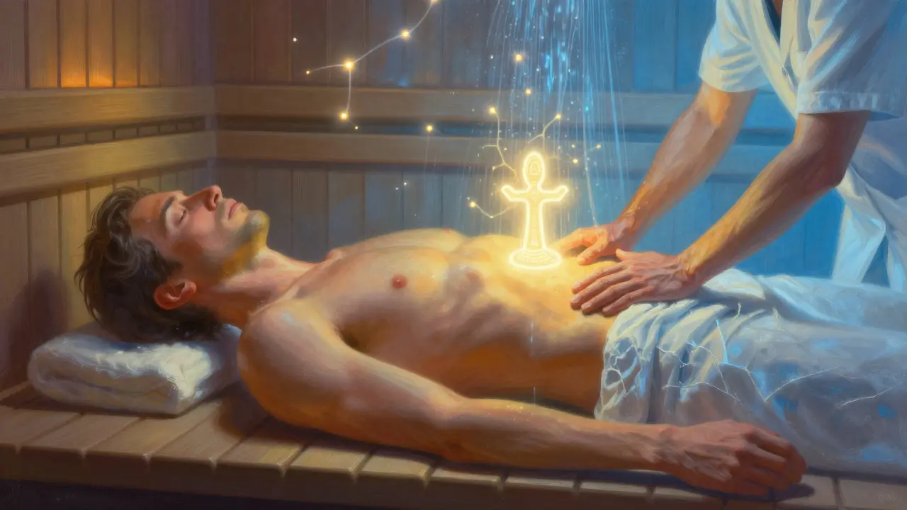 Muž v klidu, jeho tělo je osvětleno teplem a studeným světlem, energie se vlní kolem jeho břicha, symbolizující biohacking a tantrickou práci.