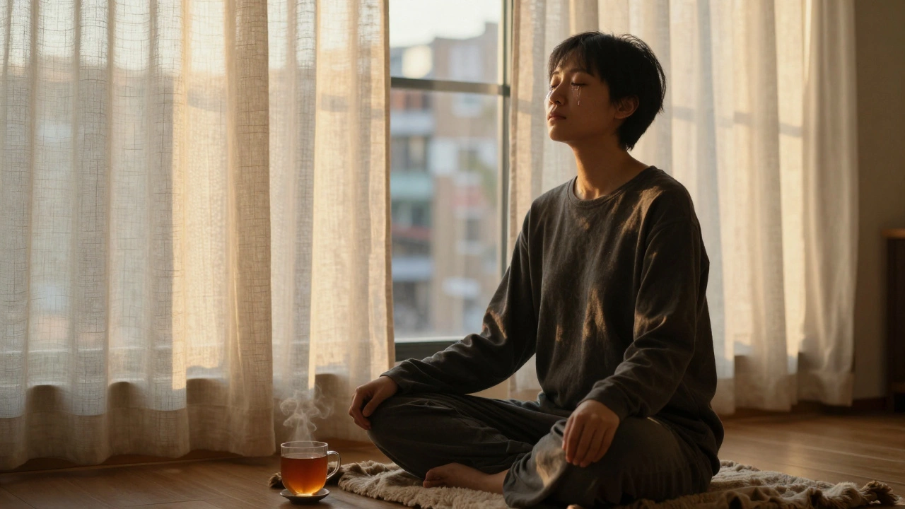 Osoba po sezení sedí v klidu, oči zavřené, slzy na tváři, září jemné sluneční světlo.