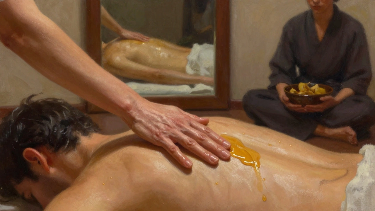 Ruka pomalu rozetířeje olej po zádech během tantrické masáže v klidném prostředí.