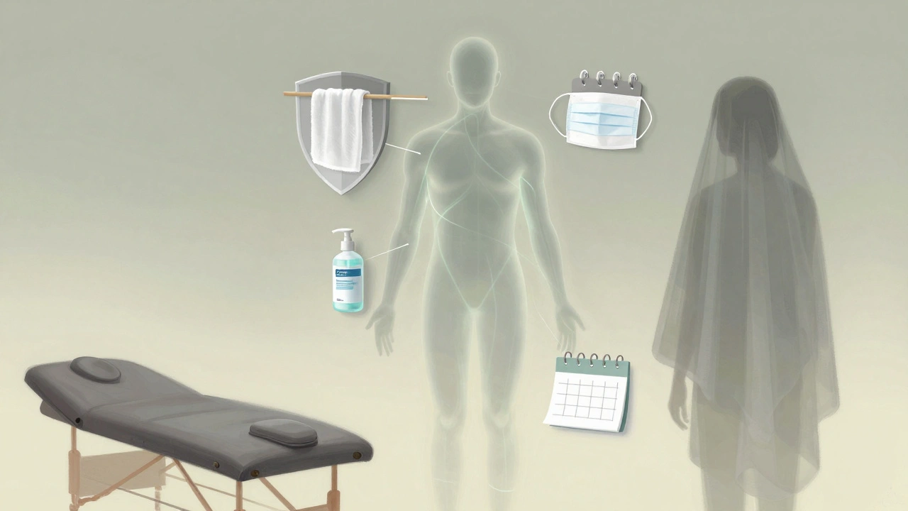Symbolická ilustrace prevence infekcí: ochranné prvky kolem těla, jako ručníky, dezinfekce a kalendář testů.