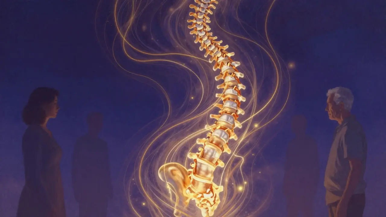 Symbolický obrázek páteře s rozptylujícími se energetickými bloky ve světle.