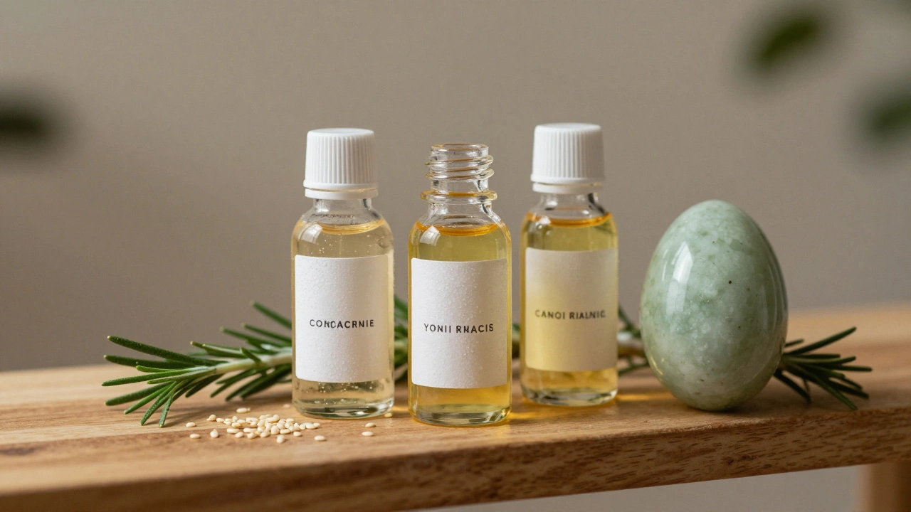 Tři přírodní lubrikanty a jadeitové vajíčko na dřevěné poličce.