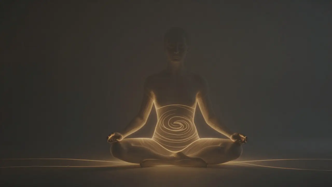 Abstraktní silueta v meditaci s jemnými zlatými čarami energie sledujícími mikropohyby těla.