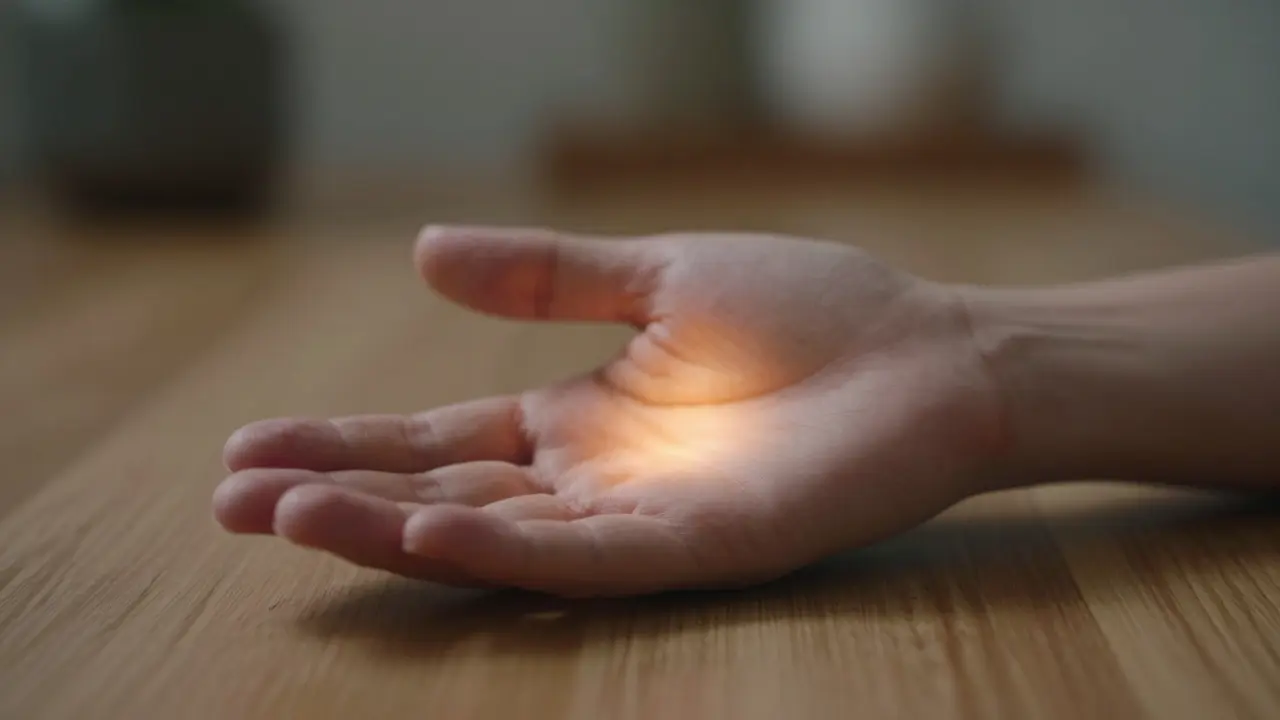 Detail ruky na dřevěném povrchu s jemnými pohyby prstů, symbolizujícími proudění energie.