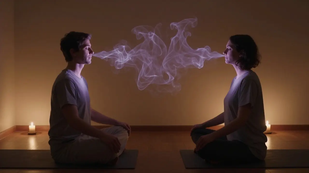 Dva lidé sedí čelem k sobě v klidné místnosti, jejich dechy jsou viditelné jako tenké mlhavé proužky v tichém prostředí.