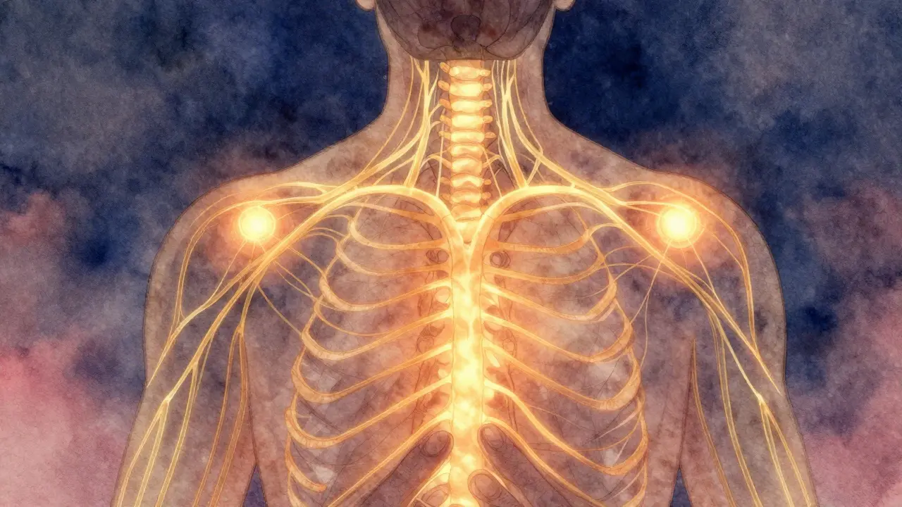 Glowing nervový systém s teplými vlnami energie pod kůží při jemném doteku.