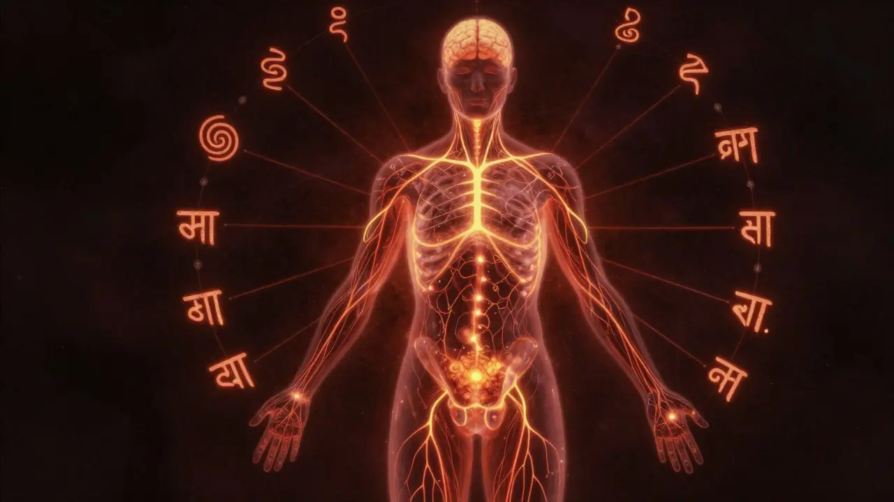 Koncepční obrázek lidského těla s rozsvícenými cévami, které přenášejí energii do všech končetin a mozku.