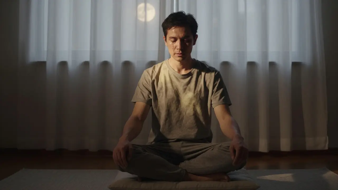 Muž sedí po masáži na polštáři, slzy na tváři, klidný a otevřený, měsíční světlo osvětluje jeho tvář v tiché místnosti.