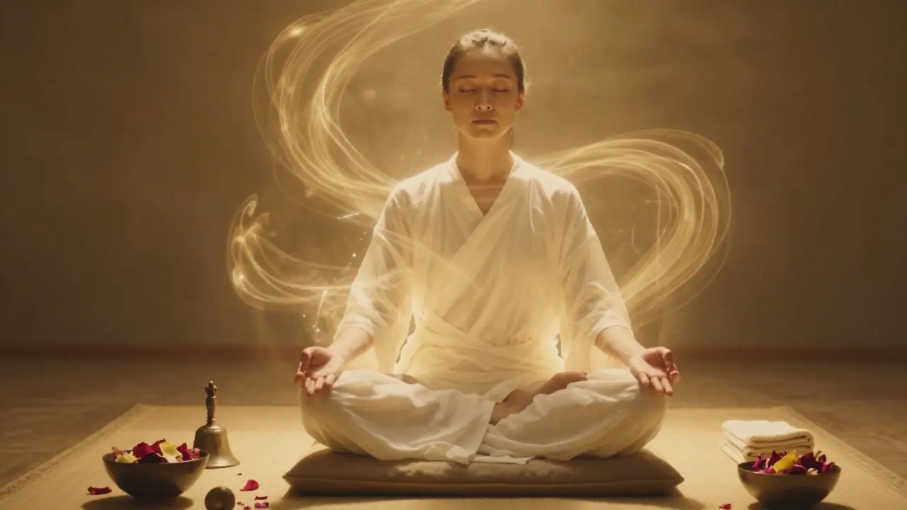 Osoba sedí v meditační poloze, dýchá hluboce, kolem ní se vznáší jemná energie ve světle.