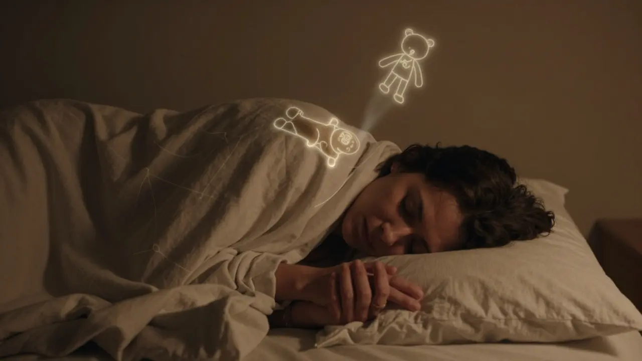 Osoba v klidu s jemnými záblesky dětských vzpomínek kolem sebe, symbolizujících uvolnění.