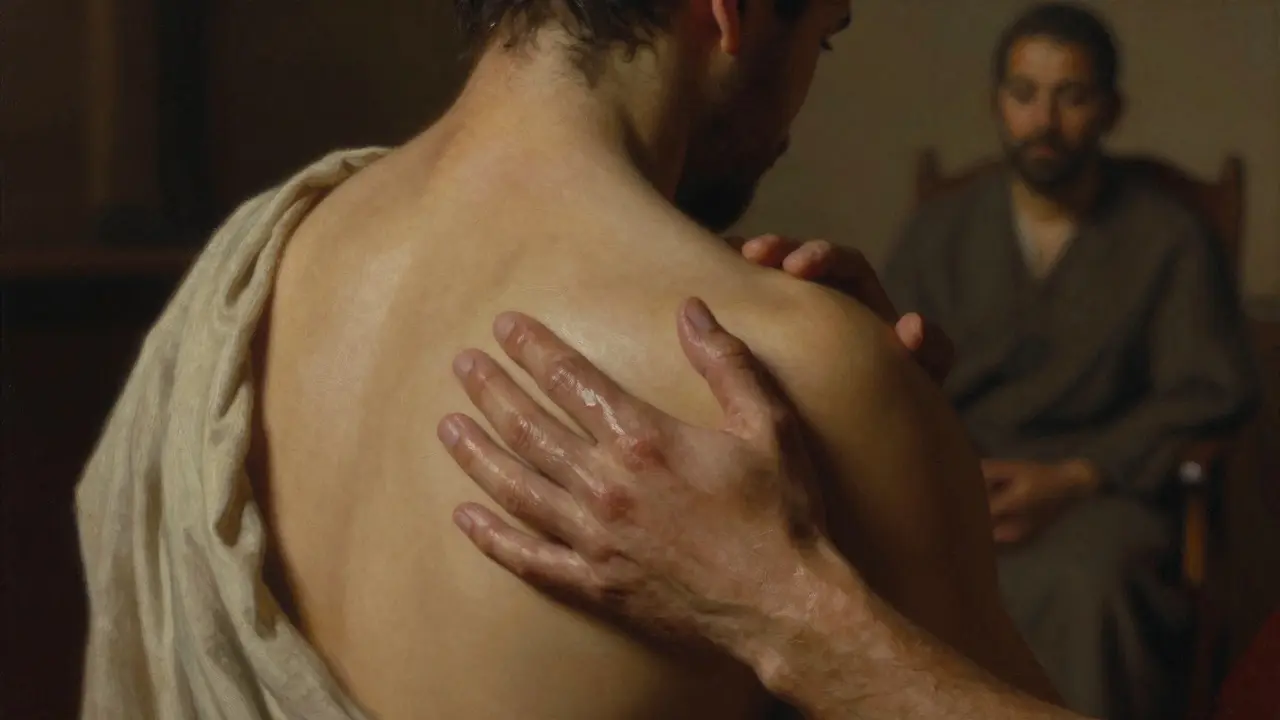 Ruce jemně hladí rameno a záda, zatímco tělo je částečně přikryto, v klidném, světlém prostředí.