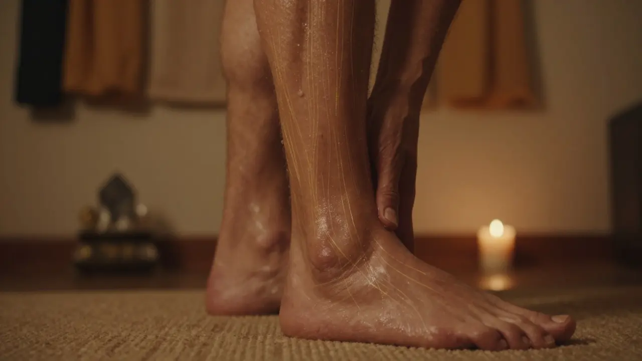 Ruka terapeuty pomalu sleduje nohu muže od kotníku ke stehnu, jemné zlaté čáry energie se vynořují pod kůží.