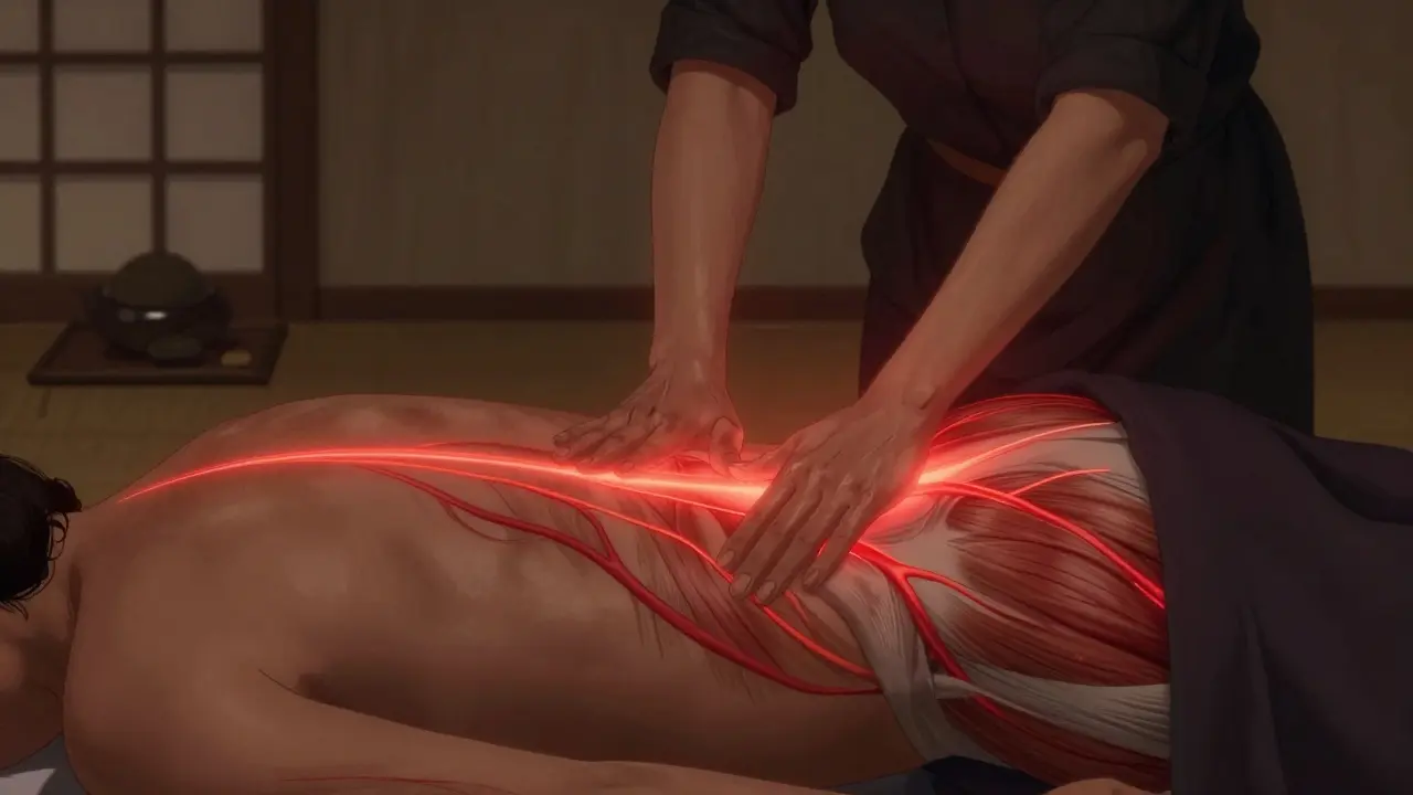 Tantrická masáž s viditelnými teplými proudy krve proudícími po těle v klidném, osvětleném prostředí.