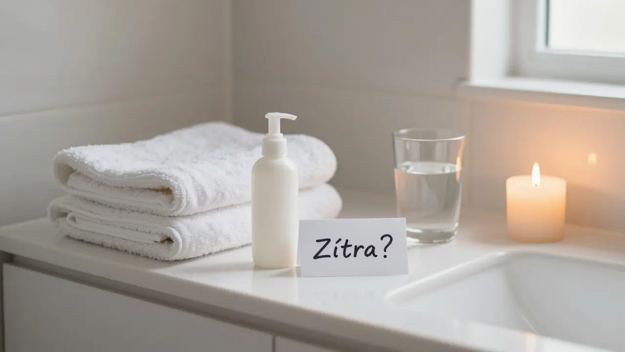 Tichá koupelna s lubrikantem, svíčkou a zápiskem 'Zítra?' — klidná příležitost k důvěře.