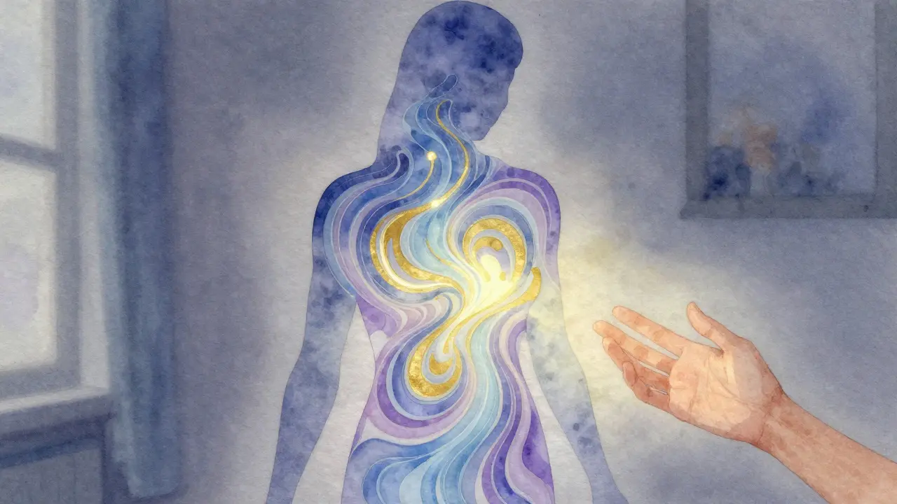 Transparenční vlny emocí vyzařující z těla, zastíněné rukou v klidné atmosféře.