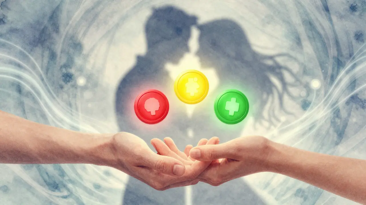 Tři barevné žetony nad interlokovanými rukama, symbolizující bezpečné signály v intimní komunikaci.