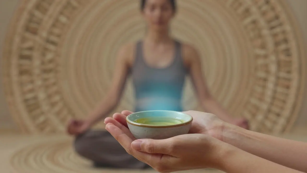 Ruce drží teplý kámen a olej, jemně září modrým světlem, symbolizující léčivý rituál.