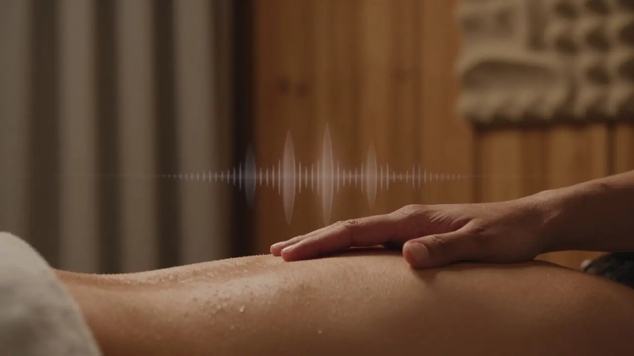 Ruka na masážním lůžku, s jemnými vlnami zvuku ve vzduchu nad kůží, bez viditelné techniky.
