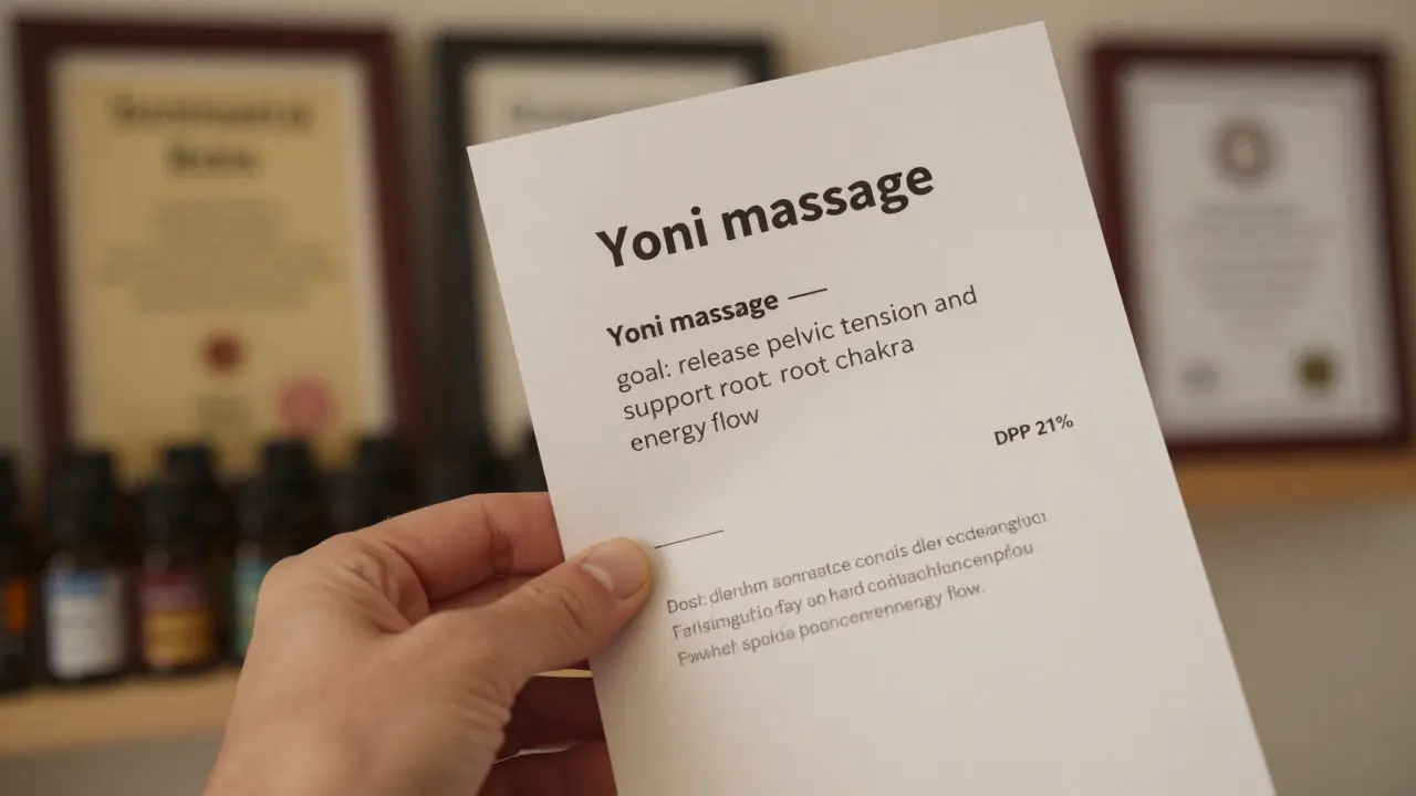 Tisknutý ceník s terapeutickými cíli technik a uvedením DPH 21 %, držený rukou klienta.